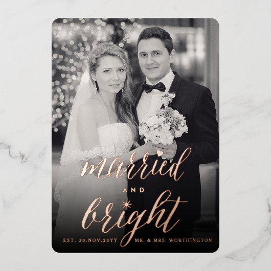 結婚したと明るいモダンスクリプ結婚トの写真 箔シーズンカード (正面)