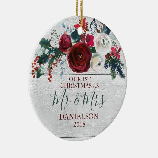 結婚したな国の木製の素朴な冬の花の新婚者 セラミックオーナメント (右)