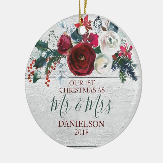 結婚したな国の木製の素朴な冬の花の新婚者 セラミックオーナメント (左)