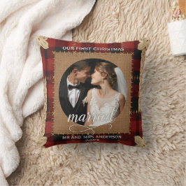 結婚したばかりの最初のクリスマス　木製の板のチェック柄　 クッション