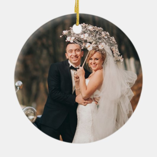 結婚したエレガントメリー2フォトブルーグリッター第1 セラミックオーナメント (裏面)