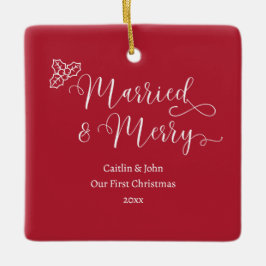 結婚したカスタムメリー第1回クリスマス新婚グリーン セラミックオーナメント