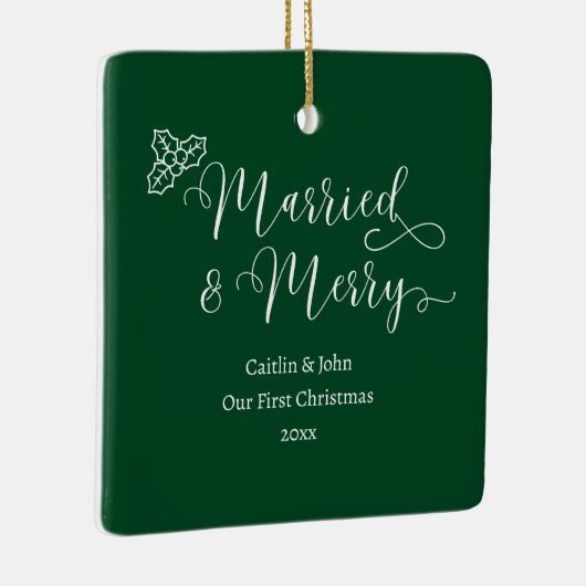 結婚したカスタムメリー第1回クリスマス新婚グリーン セラミックオーナメント (右)