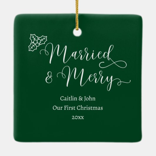 結婚したカスタムメリー第1回クリスマス新婚グリーン セラミックオーナメント (裏面)