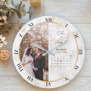 結婚したカレンダー日パーソナライズされたカスタム写真 ラージ壁時計