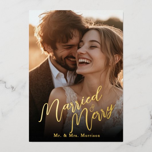 結婚したクリスマスの写真と結婚結婚する 箔シーズンカード (正面)