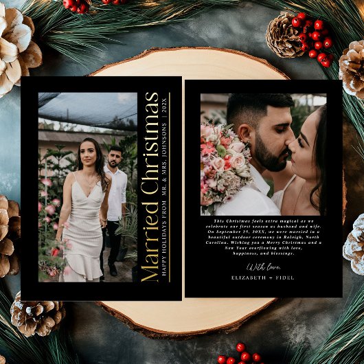 結婚したクリスマスの写真 新婚夫婦 ブラック&ゴールド 箔シーズンカード