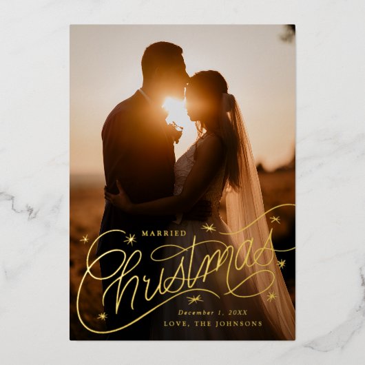 結婚したクリスマスの手レタリング写真 箔シーズンカード (正面)