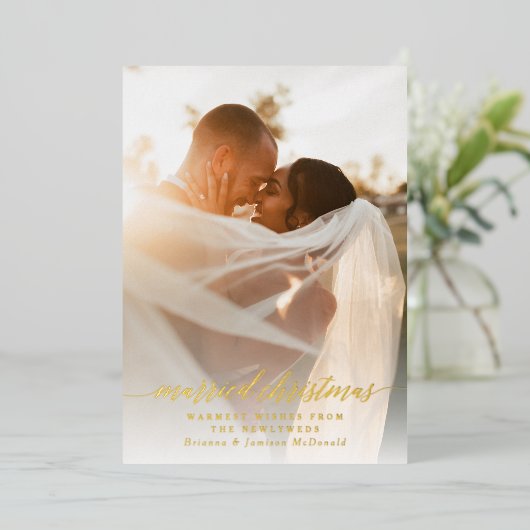 結婚したクリスマスの新しい写真白グラデーション 箔シーズンカード (立ち正面)