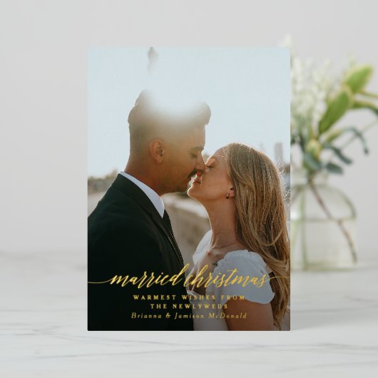 結婚したクリスマスの新しい写真黒グラデーション 箔シーズンカード (立ち正面)