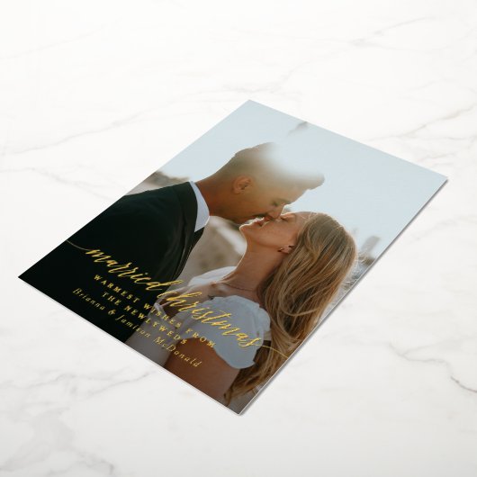 結婚したクリスマスの新しい写真黒グラデーション 箔シーズンカード (回転した状態)