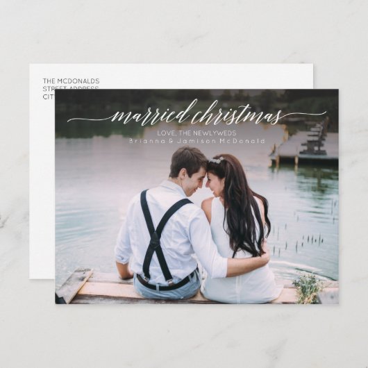 結婚したクリスマスの新婚写真 | 白のスクリプト シーズンポストカード (正面/裏面)