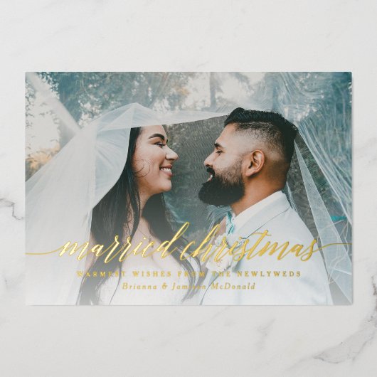 結婚したクリスマスの新婚写真 箔シーズンカード (正面)