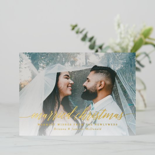 結婚したクリスマスの新婚写真 箔シーズンカード (立ち正面)