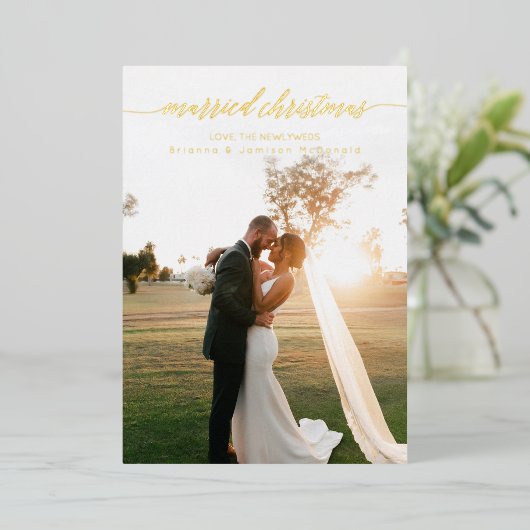 結婚したクリスマスの新婚写真 箔シーズンカード (立ち正面)