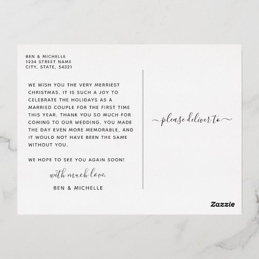 結婚したクリスマスゴールド箔リース写真 箔シーズンポストカード (裏面)