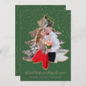 結婚したクリスマスツリーフォト金ゴールドグリッターホリデー シーズンカード (正面/裏面)