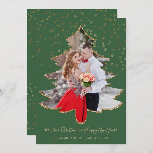 結婚したクリスマスツリーフォト金ゴールドグリッターホリデー シーズンカード (正面/裏面)