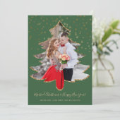 結婚したクリスマスツリーフォト金ゴールドグリッターホリデー シーズンカード (スタンド正面)