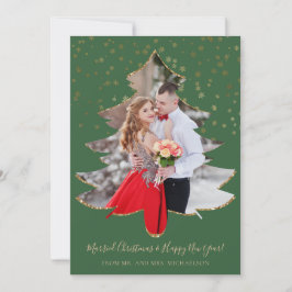 結婚したクリスマスツリーフォト金ゴールドグリッターホリデー シーズンカード