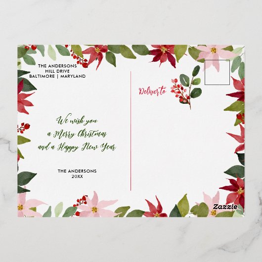 結婚したクリスマスベリーリースカップルの写真 箔シーズンポストカード (裏面)