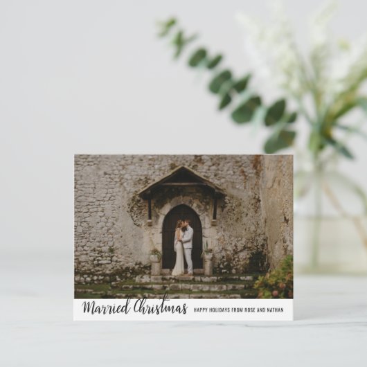 結婚したクリスマス手書き休日カップルの写真 シーズンポストカード (スタンド正面)
