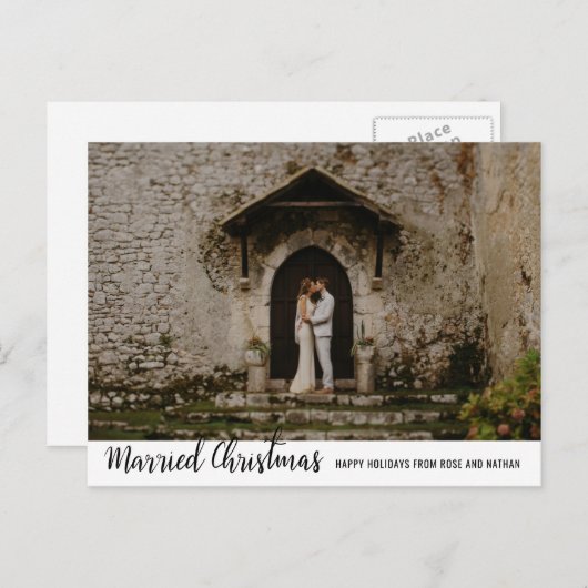 結婚したクリスマス手書き休日カップルの写真 シーズンポストカード (正面/裏面)