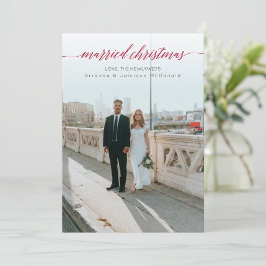 結婚したクリスマス新婚フォトレッド シーズンカード (スタンド正面)