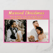 結婚したクリスマス新婚ブラシスクリプト3写真 箔シーズンカード (正面)