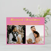 結婚したクリスマス新婚ブラシスクリプト3写真 箔シーズンカード (立ち正面)