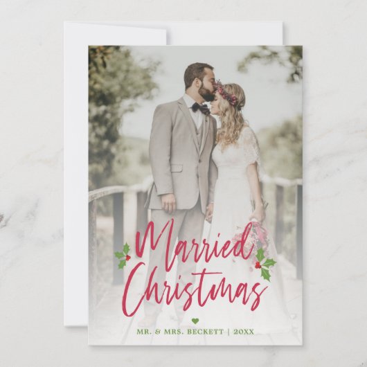 結婚したクリスマス新婚夫婦フォトホリデー シーズンカード (正面)