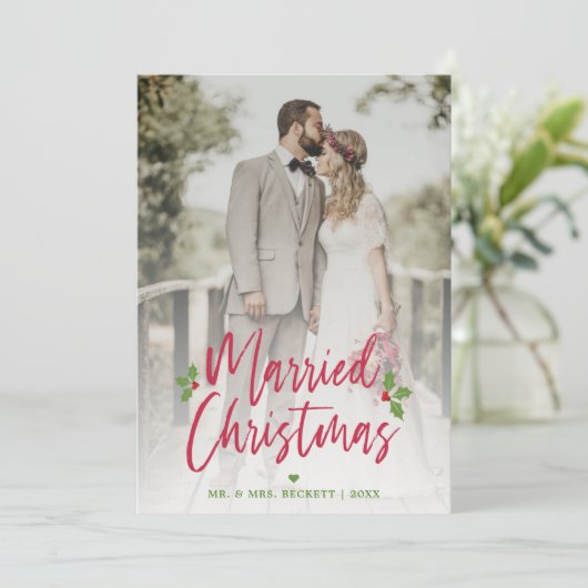 結婚したクリスマス新婚夫婦フォトホリデー シーズンカード (スタンド正面)