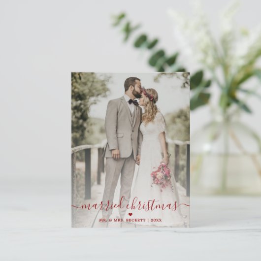 結婚したクリスマス新婚夫婦フォトホリデー シーズンポストカード (スタンド正面)