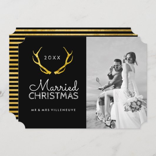結婚したクリスマス金ゴールド〔雄ジカの〕枝角の写真カード シーズンカード (正面/裏面)