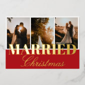 結婚したクリスマス3フォトコラージュ赤ホイル 箔シーズンカード (正面)