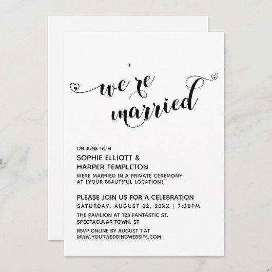 結婚したハートのタイポグラフィー 受付のみ 招待状 (正面/裏面)