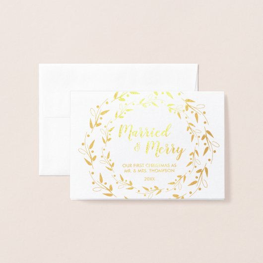 結婚したメリー初めてのクリスマス結婚リース 箔カード (封筒付き正面)