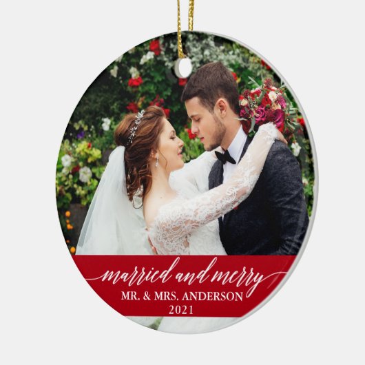 結婚したメリー書の結婚赤 セラミックオーナメント (左)