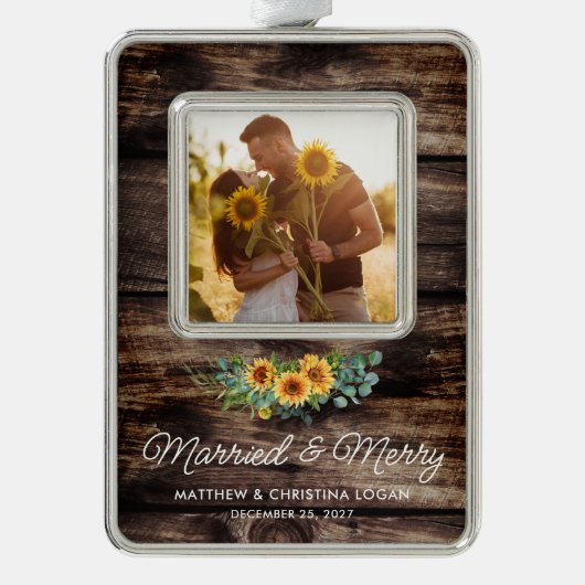 結婚したメリー素朴Sunflower Eucalyptus写真 シルバープレートフレームオーナメント (正面)