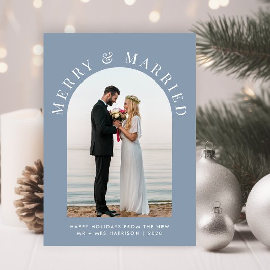 結婚したメリーArch Photo Dusty Blue Christmas シーズンカード