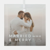 結婚した写真メリー、名前、日付クリスマス ガラスオーナメント (正面)