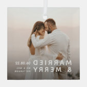 結婚した写真メリー、名前、日付クリスマス ガラスオーナメント (裏面)