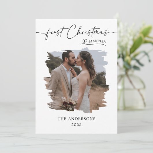 結婚した初めてのクリスマスブラシ付きフォト結婚ズ サンキューカード (スタンド正面)
