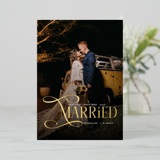 結婚した年の最初のクリスマス　夫婦2人の写真 箔シーズンカード (立ち正面)