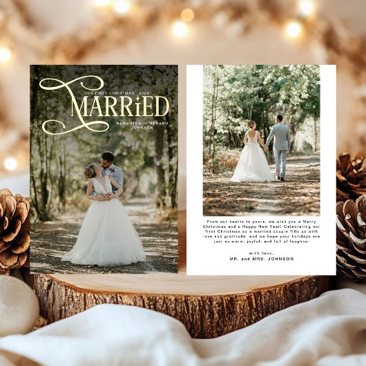 結婚した年の最初のクリスマス 結婚カップル2枚の写真のミニマルなデザイン 箔シーズンカード