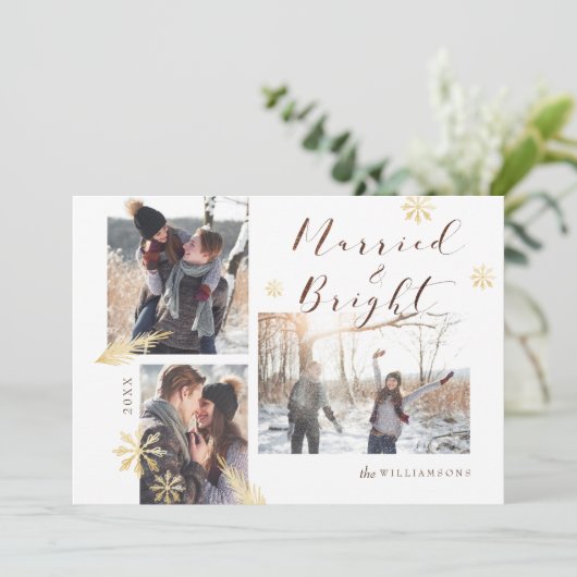 結婚した明るい木素朴材金ゴールドスノーフレーク写真 シーズンカード (スタンド正面)