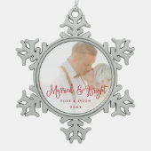 結婚した明るい |の結婚写真 スノーフレークピューターオーナメント (正面)