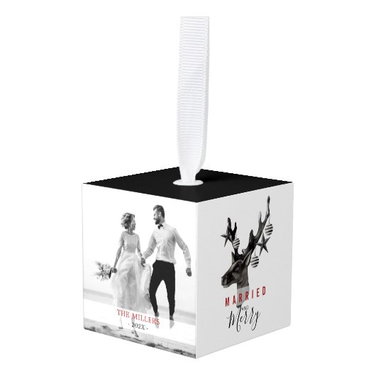 結婚した白黒2枚 キューブオーナメント (正面アングル)