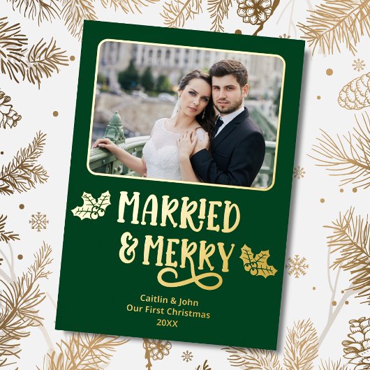 結婚した第1回メリークリスマス新婚フォトグリーン 箔シーズンカード