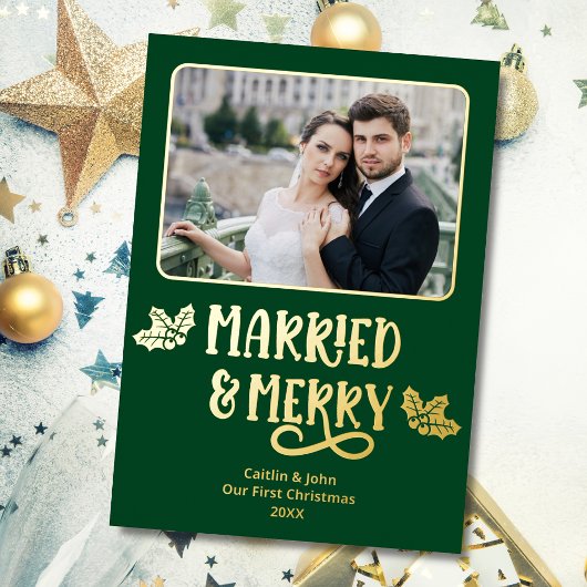 結婚した第1回メリークリスマス新婚フォトグリーン 箔シーズンカード